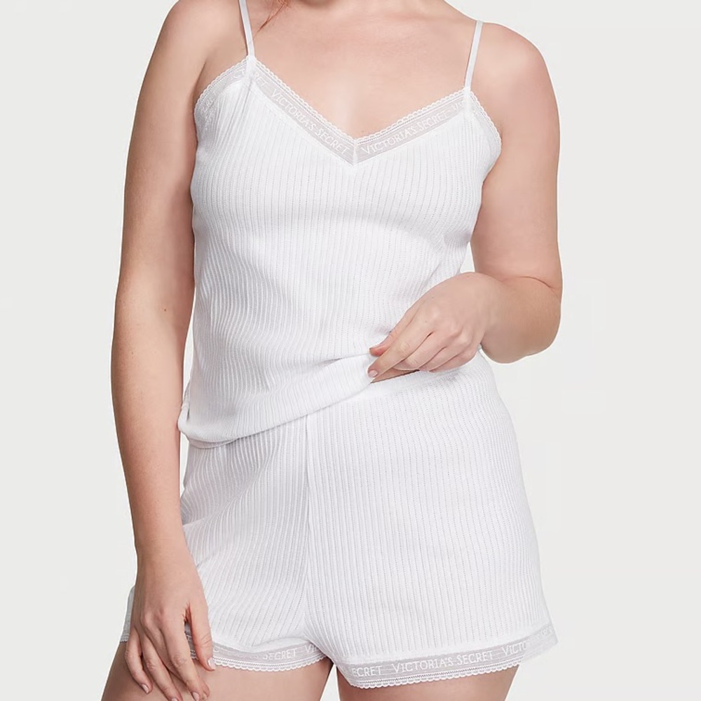 Victoria's Secret White Ribbed Lace Trim Cami & Short Pajama Set
